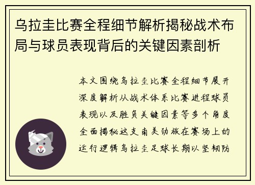 乌拉圭比赛全程细节解析揭秘战术布局与球员表现背后的关键因素剖析